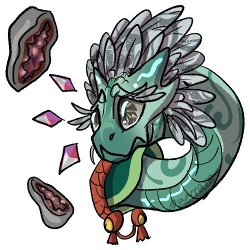 a distraught looking green auraboa dragon gazes prophetically into a geode. his name is Oppie and he belongs to Falcolmreynolds