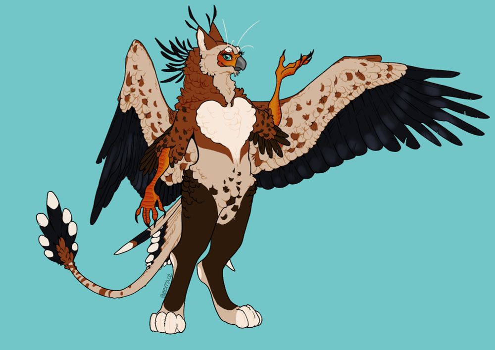 a digital art piece of an anthropomorphic gryphon standing with one wing outstretched. the gryphon is unshaded and plain, posed stagnantly as to show as many features of its design as is can. it has bright orange bare face and arms, and a fluffy mane with dark secretary bird doohickie feathers swooping out the back. their colors are neutral toned, with a cream base, a ruddy brown mane, ears, and upper body, dark legs and primary feathers, and a large white heart on its chest.