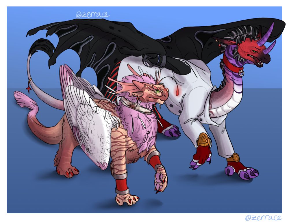 two flight rising dragons walking side by side. one is a grey, red, and purple pearlcatcher named Atlas, wearing a doctors coat and with mouth open in speech. the other is a tundra-snapper hybrid named Williard, who has feathered wings and an angler bulb. dragons belong to lynxanite