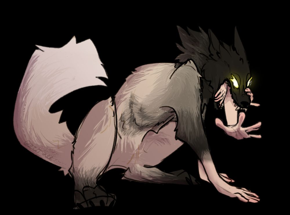 a digital sketch of a wolfdog with glowing yellow eyes and a gradient into a black head and limbs. its front paws are human hands, and it is hunched over hacking out several more human hands that look like they're trying to pry their way out of his mouth. 