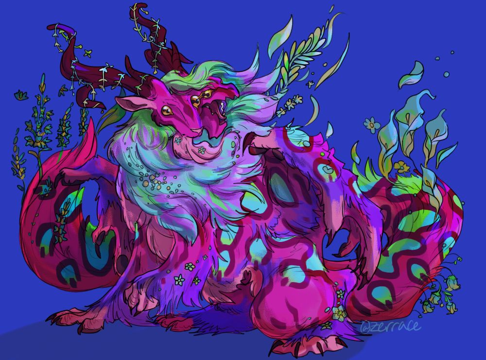 a bright digital art piece of a fluffy neon gaoler dragon from flight rising. its head is shifting between that of a goat and a gaoler, and ethereal flowers sprout out of the fur into the wind