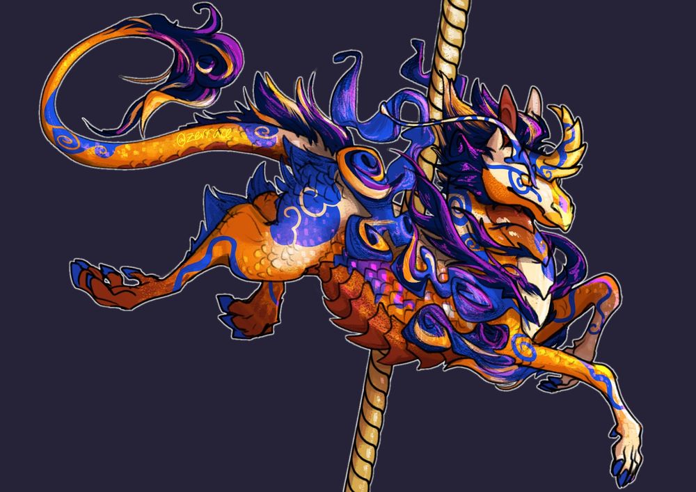 a digital art piece of a cirrus dragon from flight rising. the breed resembles a wingless scaled horse with a billowing mane and a sturdy, curved horn. this dragon has a pole through it in the manner of a carousel ride, and is mid leap. it is orange and blue, with light catching on its glossy scales and mane.