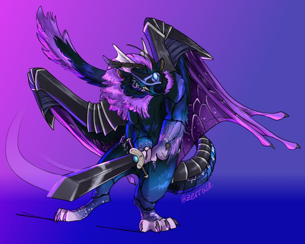 a shiny blue and purple tundra dragon named Bhyram wearing armor and swinging a sword while gritting his teeth. he wears a cover over his eyes and is built heavily muscular. dragon belongs to falcolmreynolds