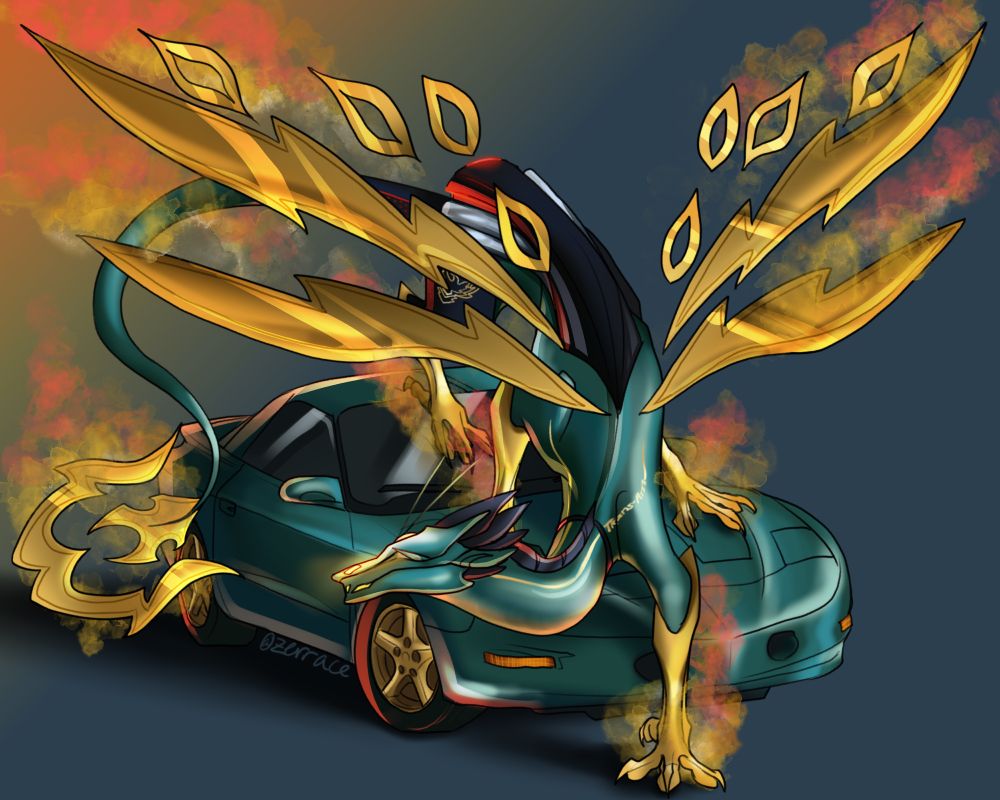 a sleek green and yellow Pontiac Firebird with its dragon form, roughly skydancer-shaped and with flaming limbs and tail stalking its way down the car. both are named Birdie and both dragon and car belong to Airplanefoxx
