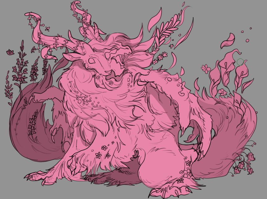 a digital sketchof a fluffy gaoler dragon from flight rising. its head is shifting between that of a goat and a gaoler, and ethereal flowers sprout out of the fur into the wind. it is filled in with a solid coral pink color and has rough shading
