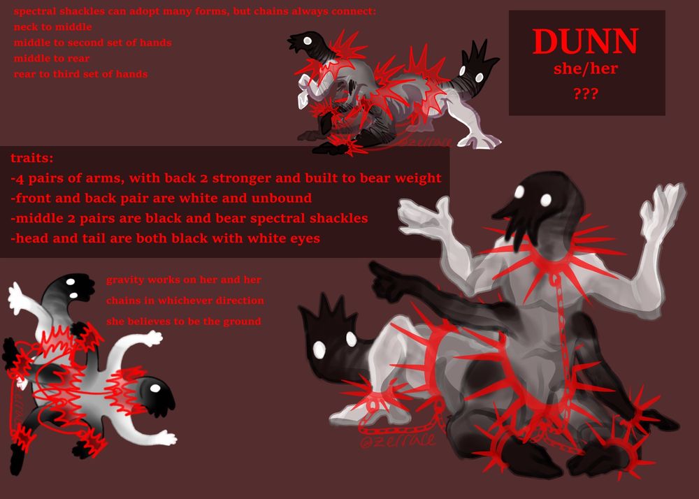 rough design reference sheet for dunn, an 8 limbed monochromatic entity with translucent red shackles