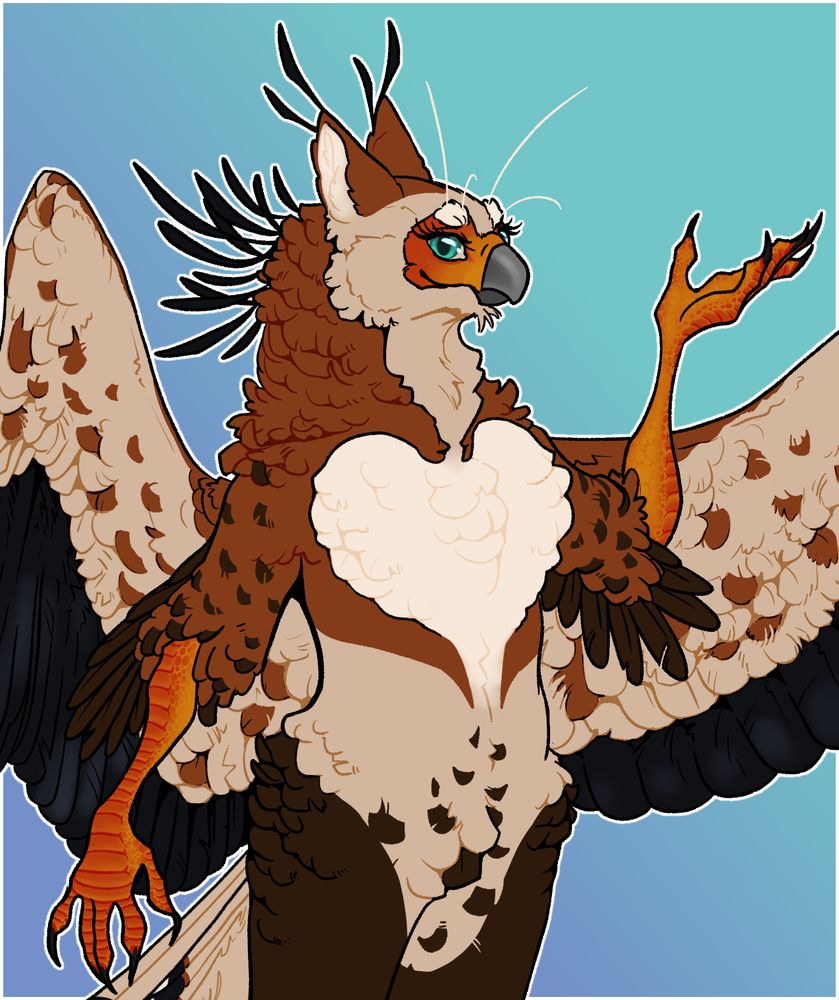 the same image of the secretary bird gryphon as before, but the image has been cropped in on its face and body to show more detail. the fursona and image border now has a thin white outline, and a gradient of blues in the background