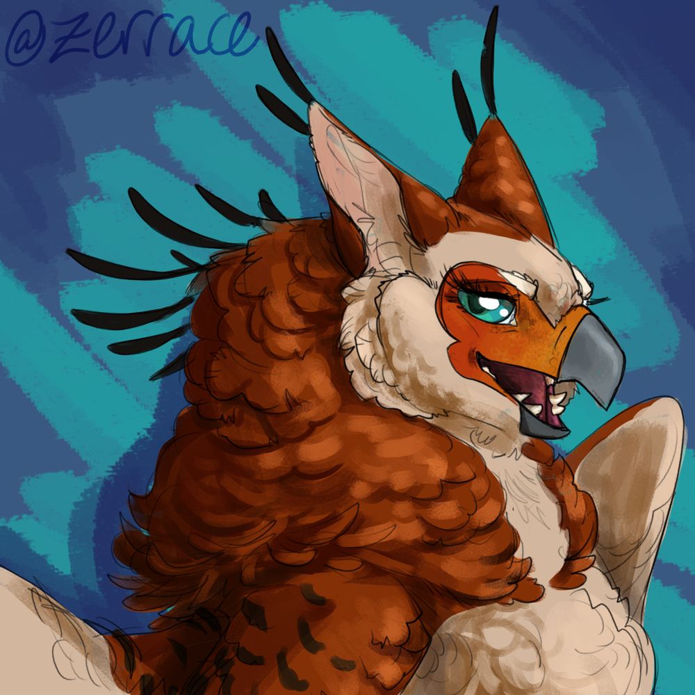 a rough, loose digitally painted bust of an anthropomorphic furry gryphon with cream fur, and red mane. its face is unfeathered and bright orange, beak is grey, and eyes are blue with long lashes. they have several thin black feathers coming off the tips of their ears and the back of their mane. their mouth is open and they are smiling, exposing pointy bottom teeth.