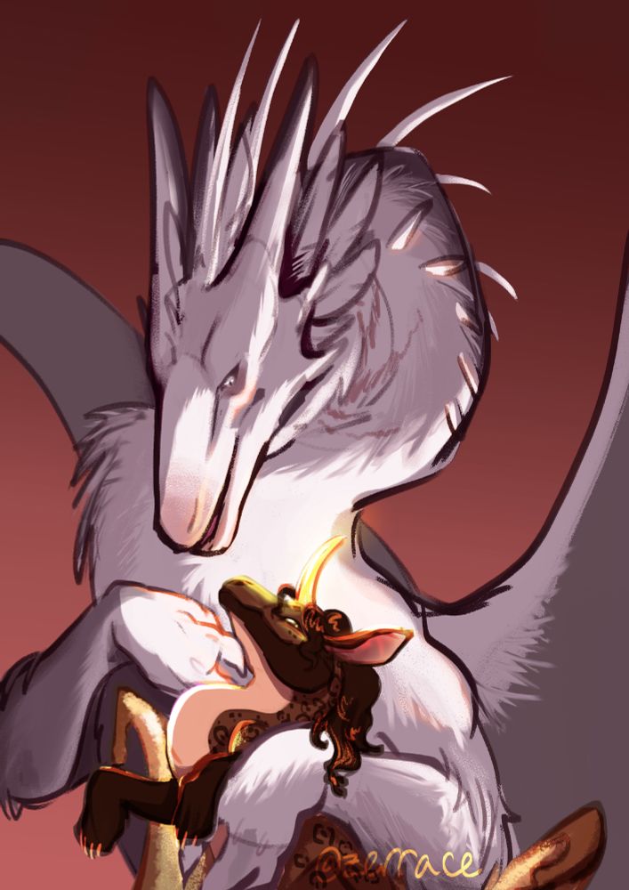 a loose digital painting of a large white dragon, a hybrid between flight rising's skydancer and ridgeback breeds, holding and caressing a much smaller brown pearlcatcher dragon with a shining golden horn