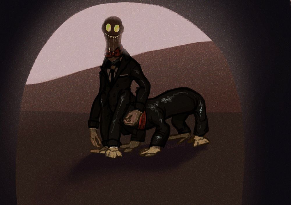 a digital painting of creature with 8 limbs, dressed in an adapted tuxedo, standing at the end of a tunnel with his head nearly silhouetted against a dull sky. dave's eyes are reflective and large, and he lacks a lower jaw, giving him a toothy drooling look. the image is grainy and light blooms roughly out from the sky