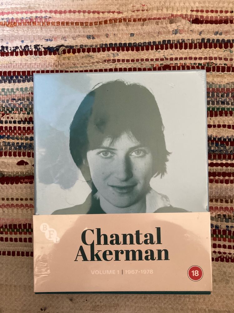 Chantal Akerman Blu-ray boxset Volume 1: 1971-76. Rated 18. Portrait of young Chantal on the cover: she is looking straight to camera and has very lesbian choppy long bangs and a little half smile.