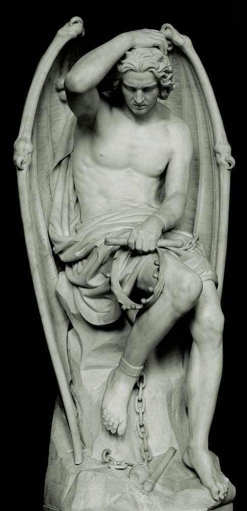 A statue of Lucifer, seated, wings half folded around him, nude save for a cloth bunched in his lap. And he's hot.