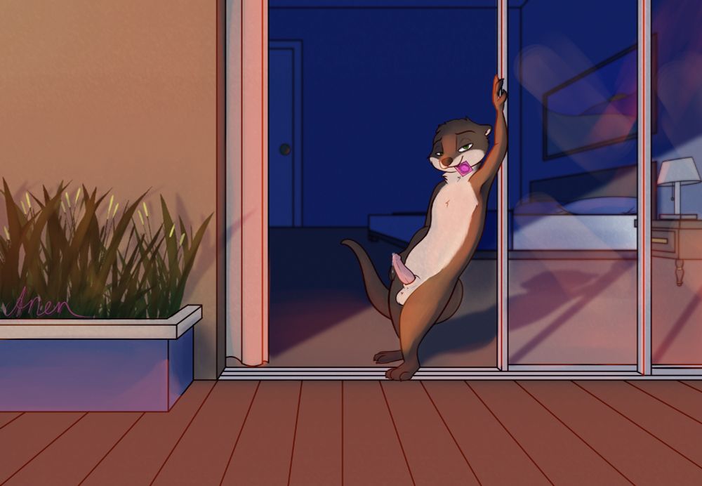 A anthropomorphic river otter with an erection and a condom in his mouth giving the viewer a seductive look while standing in the doorway leading into a bedroom in the evening.