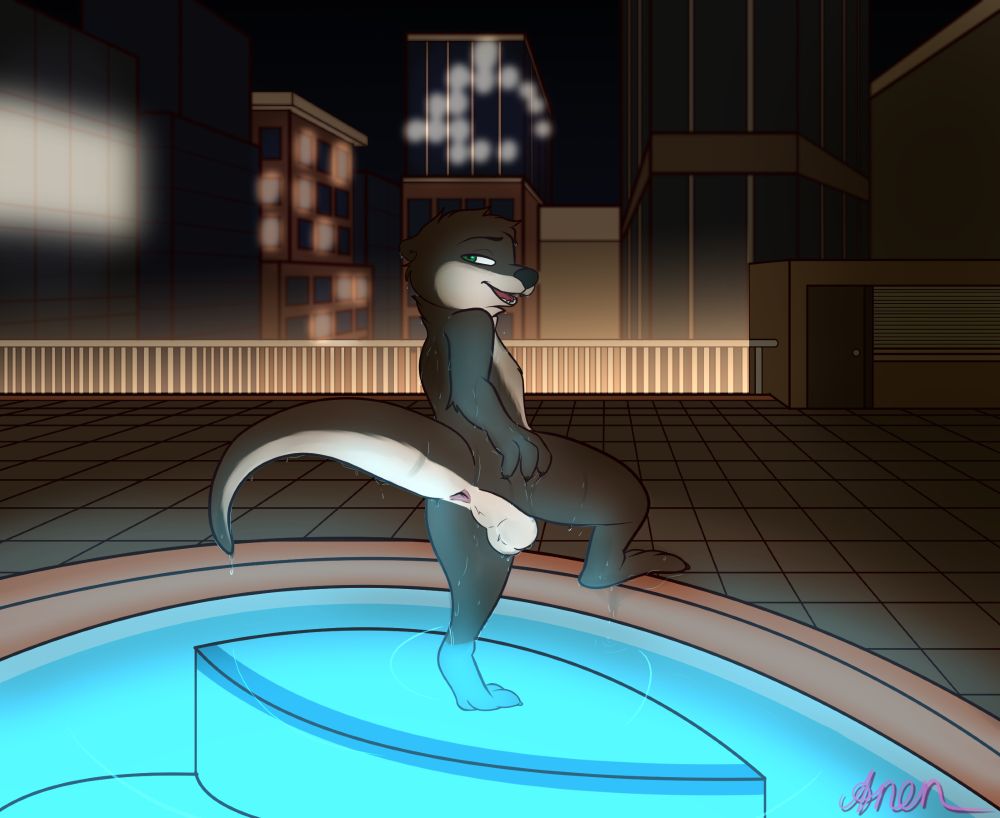 A naked anthro otter stepping out of a pool with water dripping off his fur. There is a city scape behind him with towering buildings, and a starless sky at night. He is illuminated from the lights place in the pool, giving his fur a blue glow.