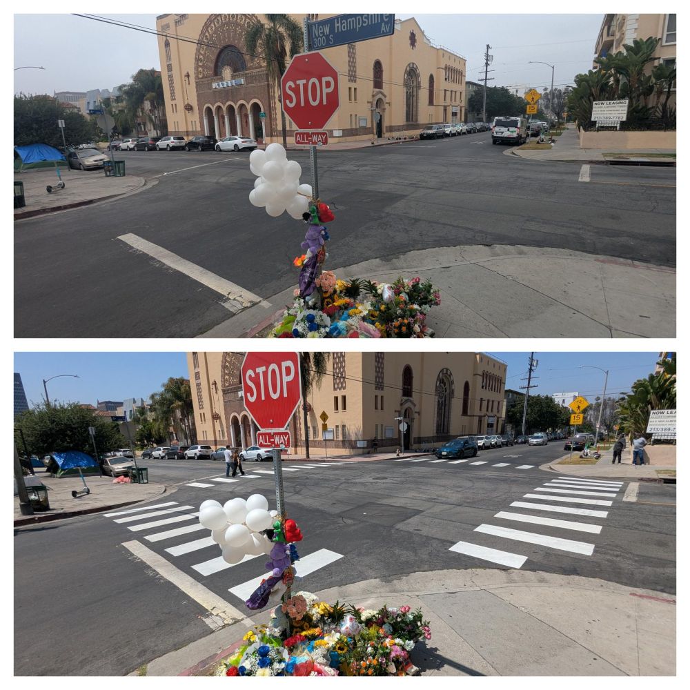 Before and after photos of an intersection: Top photo shows the intersection without any painted crosswalks. Bottom photo shows the intersection with four painted crosswalks. Both photos show a tribute of candles, flowers, and children's toys marking the corner where 9-year-old Nadir Gavarrete died. 