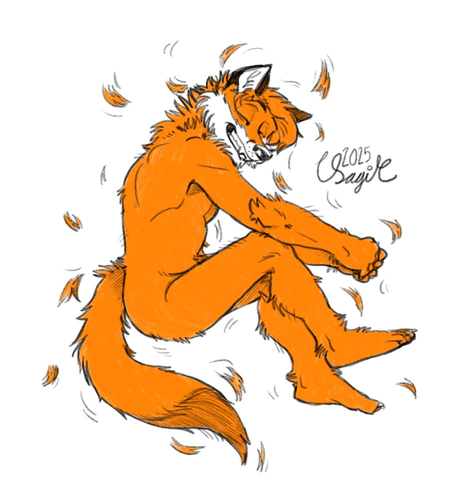 fox dude sitting smiling with eyes closed, he doesn't have any clothes on but it's fine because he doesn't have nipples and we don't see his pp. he is heavily shedding, strands of fur flying everywhere around him
#furryart #furry #anthro #fox #art #drawing 