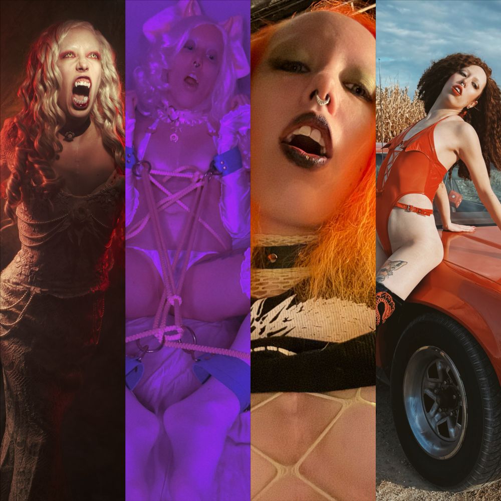 A Collage of different Characters from the Realm of Lady Eve

A pale blond Vampire, Kieryn constrained by rope, Heidi and Aurore next to her red Camaro