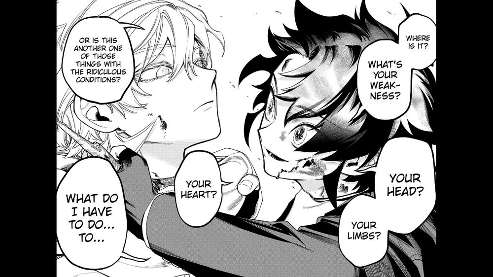 Ichi from Ichi the Witch stabbing God Majik in the neck while asking the latter what his weakness is. Ichi has a gleam in his eye while God Majik looks a little surprised.