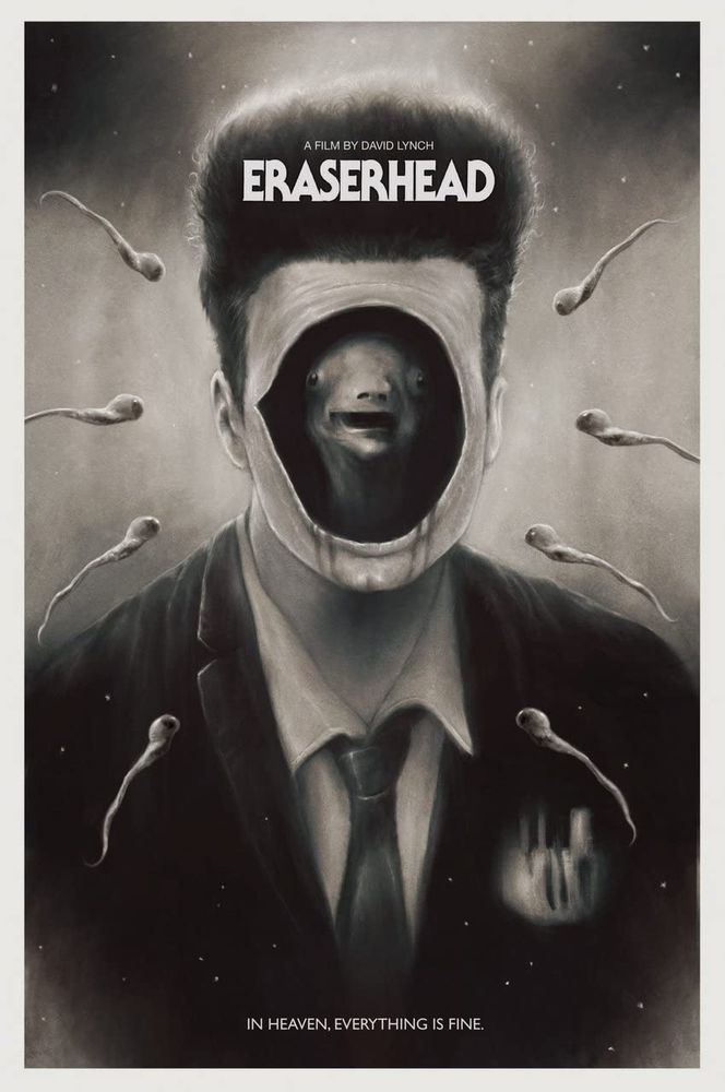 An illustrated poster for the David Lynch film Eraserhead. The poster feature a man with tall hair wearing a suit. The man has a hole where his face should be. Inside the hole is a strange worm-like creature. Around the man are several spermatozoidal shapes.