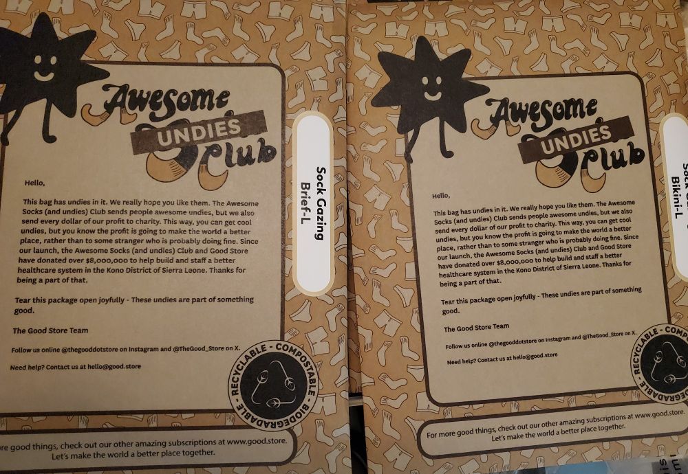 Two packages from the Awesome Underwear Club. Variety: Sock Stargazing in Brief and Bikini.