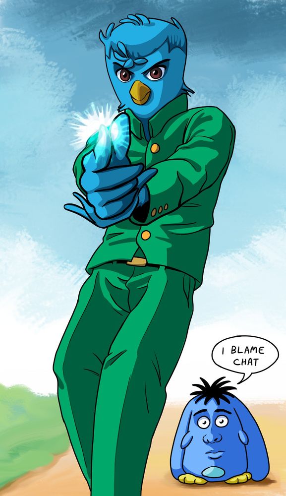 Macaw45's bird persona dressed as Yusuke from YuYu Hakusho, accompanied by Puu with a disturbingly human face who is pinning this entire debacle on the Twitch chat (2020)