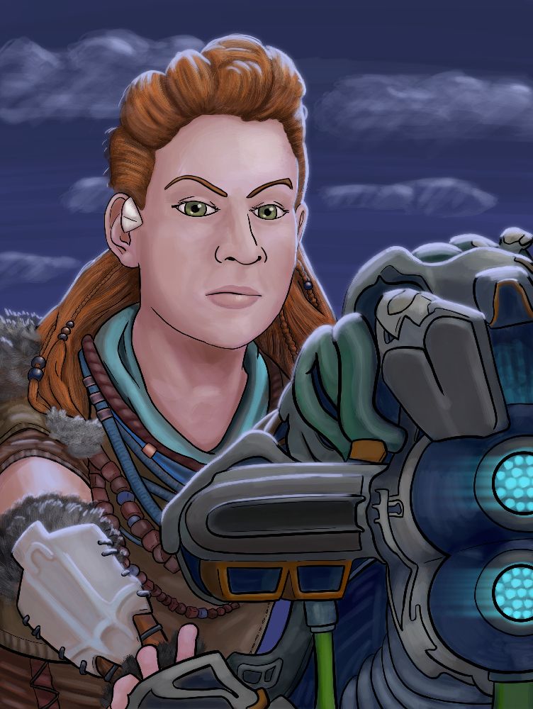 Aloy from Horizon: Zero Dawn atop a Strider (2018)