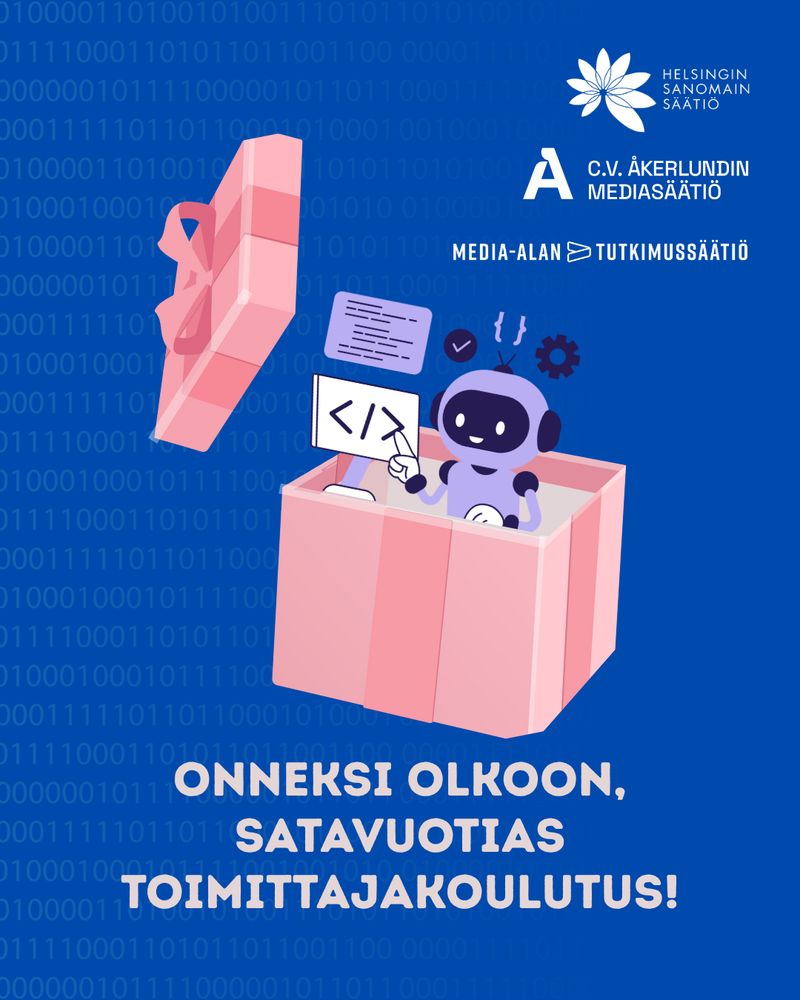 Lahjapaketissa oleva robotti. Teksti: onneksi olkoon, satavuotias toimittajakoulutus!