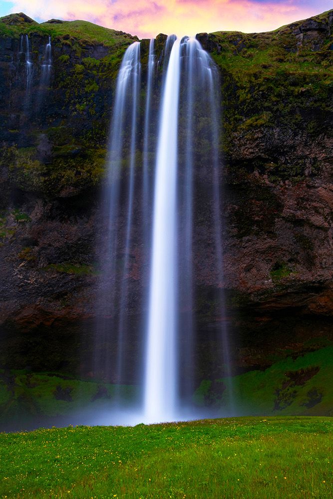 Seljalandsfoss waterfall in Iceland seen falling onto green grass at sunset 