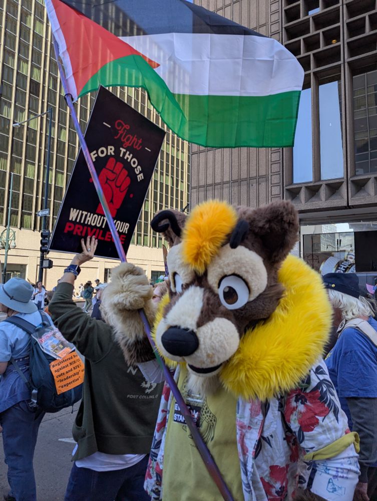 A bear fursuiter in a No Kings march holding a Palestinian flag.