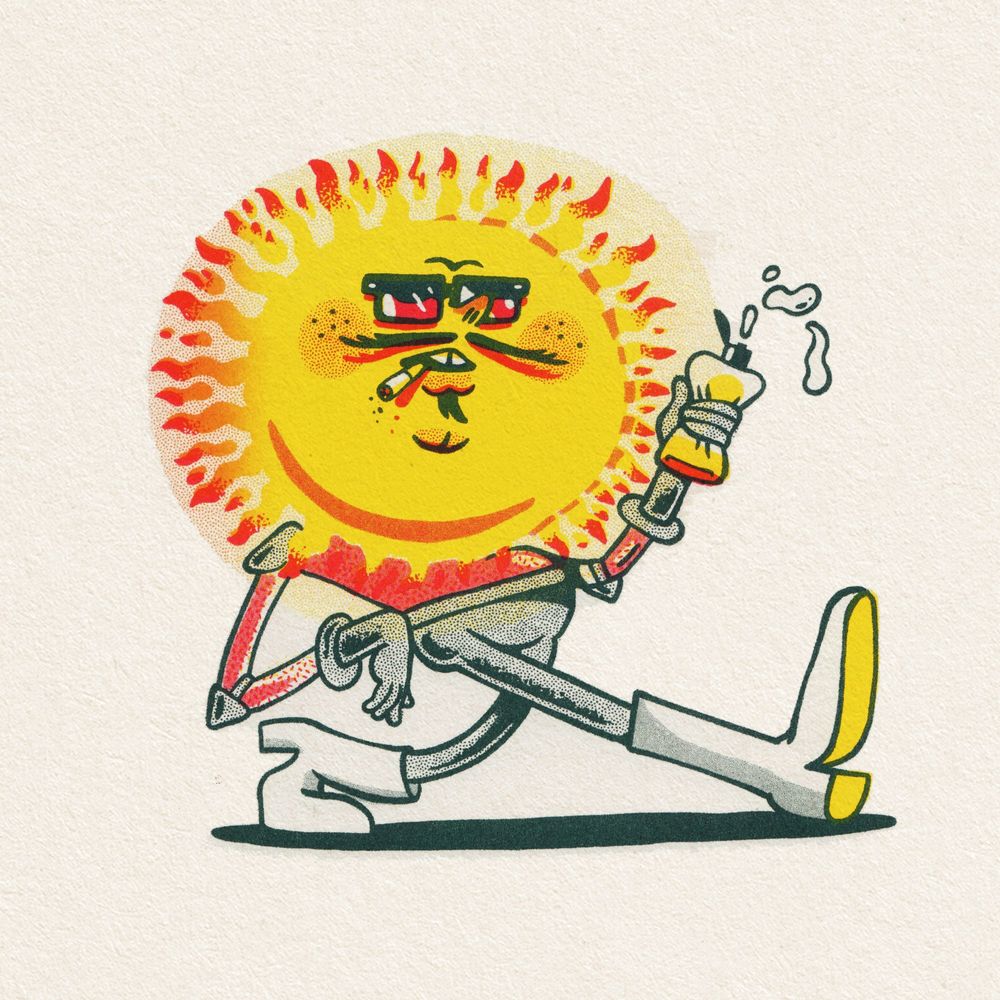 Illustration of a sun cartoon character strutting while squeezing a bottle of sunscreen. He also has sunglasses, a cig, and wearing a groovy space outfit.