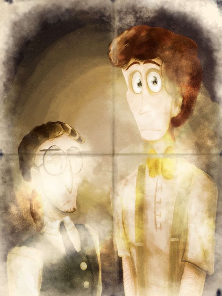 Two brothers standing next to each other in a drawing that looks like an old photo. The one on the left is wearing large circular glasses and has his hair slicked back to a ponytail. He is wearing a waistcoat and is looking sternly at the camera.

The one on the right looks quite shocked and has puffy red hair. He is wearing a button-up along with a bowtie and suspenders.