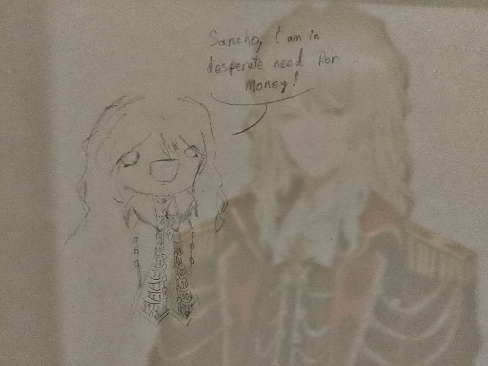 A wip of La Manchaland's Don Quijote with a silly face telling Sancho his being in desperate need for money, as well as the in-game sprite of him behind the sheet of paper I'm using for reference 