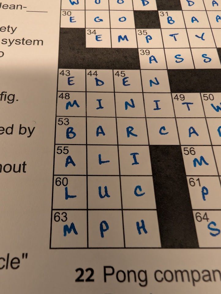 NYT crossword done in blue ink.