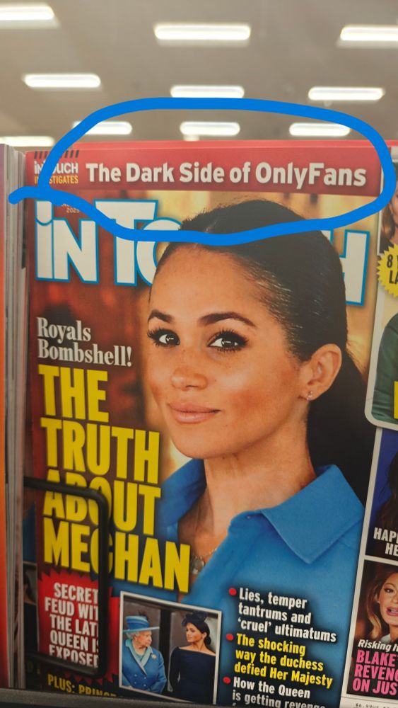InTouch magazine cover featuring Meghan Markle and a story titled " The Dark Side of OnlyFans" 