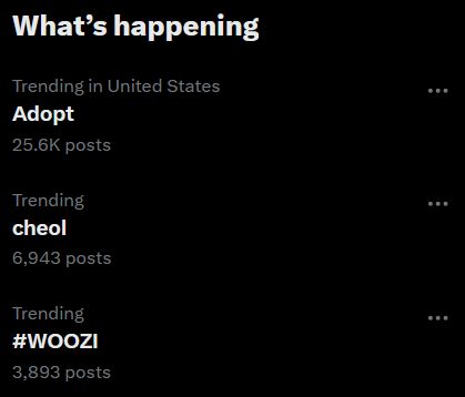 Twitter trending topics. The trending topics are Adopt, cheol, and #WOOZI.