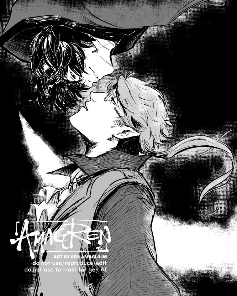 a black and white illustration with screen tone effects of kndz; a late halloween doodle, featuring vampire kunikida and grim reaper dazai. a stark white scythe blade shape "pierces" through kunikida's chest.