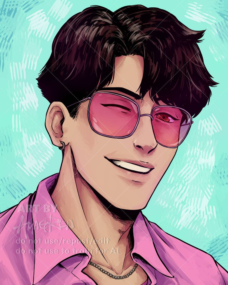 portrait of ~~a boyfail~~ Jinu from KDH, in his pink outfit from the gameshow portion of the movie (and the ads???). He's wearing rose-tinted glasses, winking at the camera.

this was made for a Saja Boys CSE