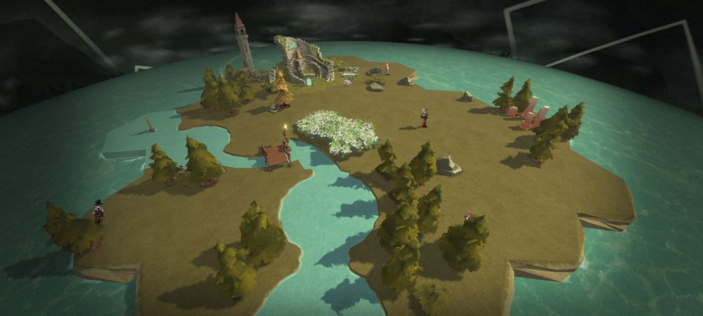 Wilderness my beloved...
a screenshot of the wilderness side game, where you put together land and water tiles to make an area where characters can walk around in. It's currently bare with mostly trees and grass and rock and river water.