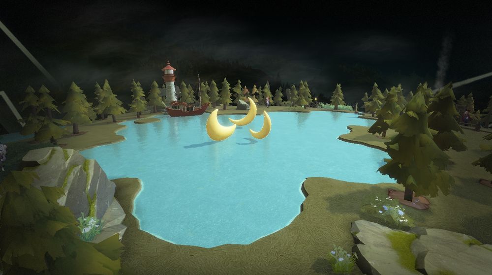 a low pov in wilderness: a lake surrounded by what look like pine trees (can @ me if i'm wrong) and some boulders/rock faces. there are three yellow crescent moons in the center of the lake, and at the far end is a lighthouse with a little boat.