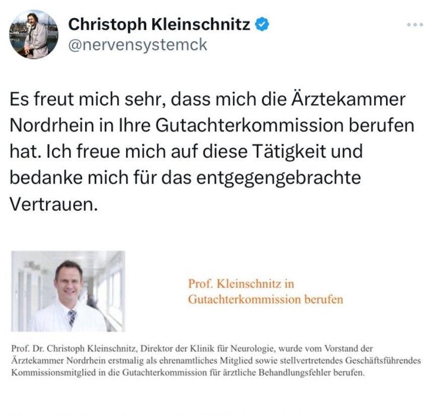 Christoph Kleinschnitz aus Essen: Er freut sich sehr, dass die Ärztekammer Nordrhein in in die Gutachterkommission berufen hat. 
Position: stellvertretendes Geschäftsführendes Kommissionsmitglied für ärztliche Behandlungsfehler