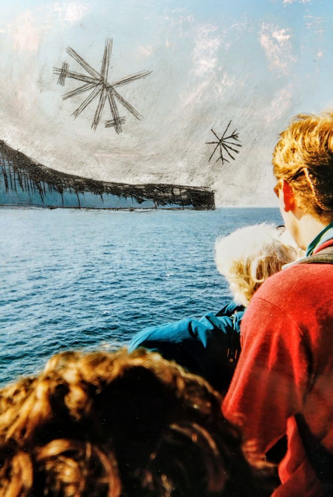 Oil on Kodak photo, heavily simplified bird figures in the sky over a cliff and the ocean, being watched by a crowd on a boat.