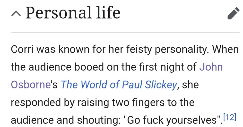 Wiki extract for Adrienne Corri, Scottish actress:
"Corri was known for her feisty personality. When the audience booed on the first night of John Osborne's 'The World of Paul Slickey', she responded by raising two fingers to the audience and shouting 'Go fuck yourselves'"