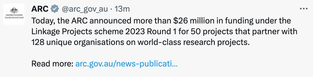 Tweet from the Australian Research Council announcing the outcomes for the Linkage Projects 2023 (round 1) scheme. Just 50 projects were funded with $26 million in total.