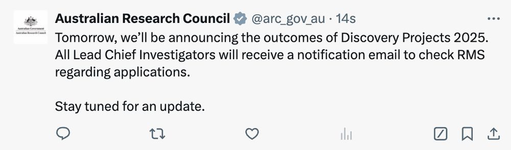 Screenshot of a tweet from the ARC saying they’ll announce DP25 grant outcomes tomorrow (Tuesday 26 Nov).