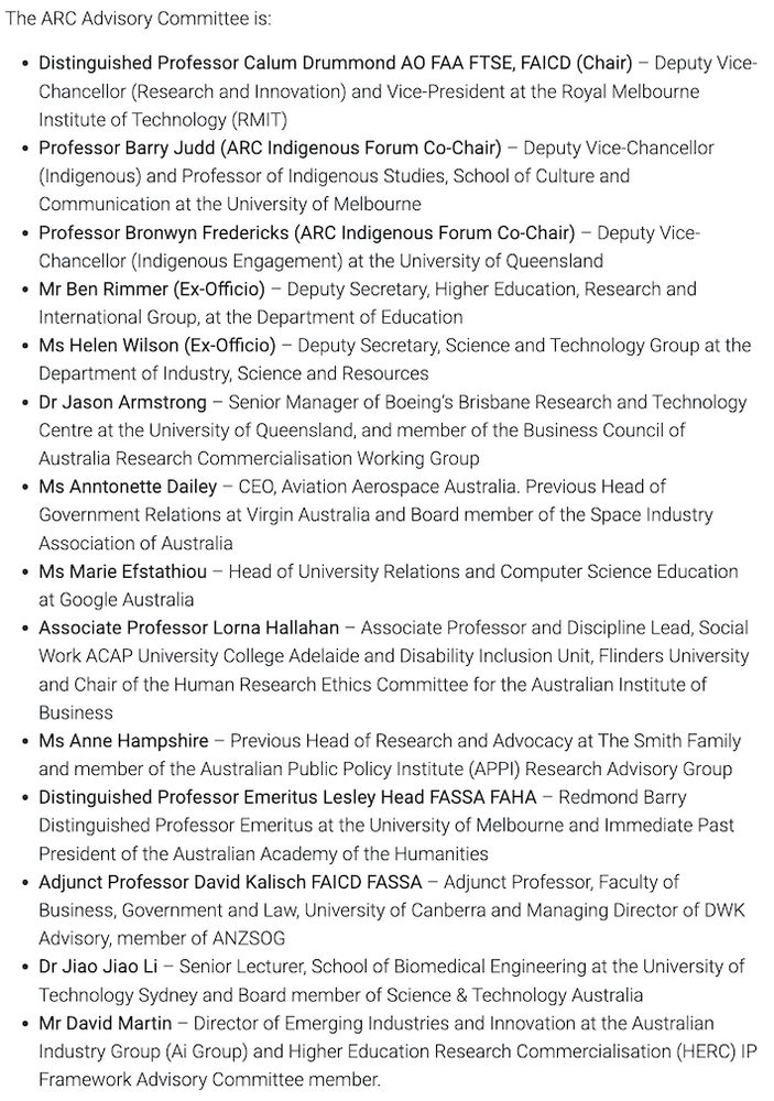 Black text on white background. Screenshot excerpt of ARC webpage announcing make-up of the new ARC Advisory Committee. Screenshot shows the bullet-point list of the Committee members.