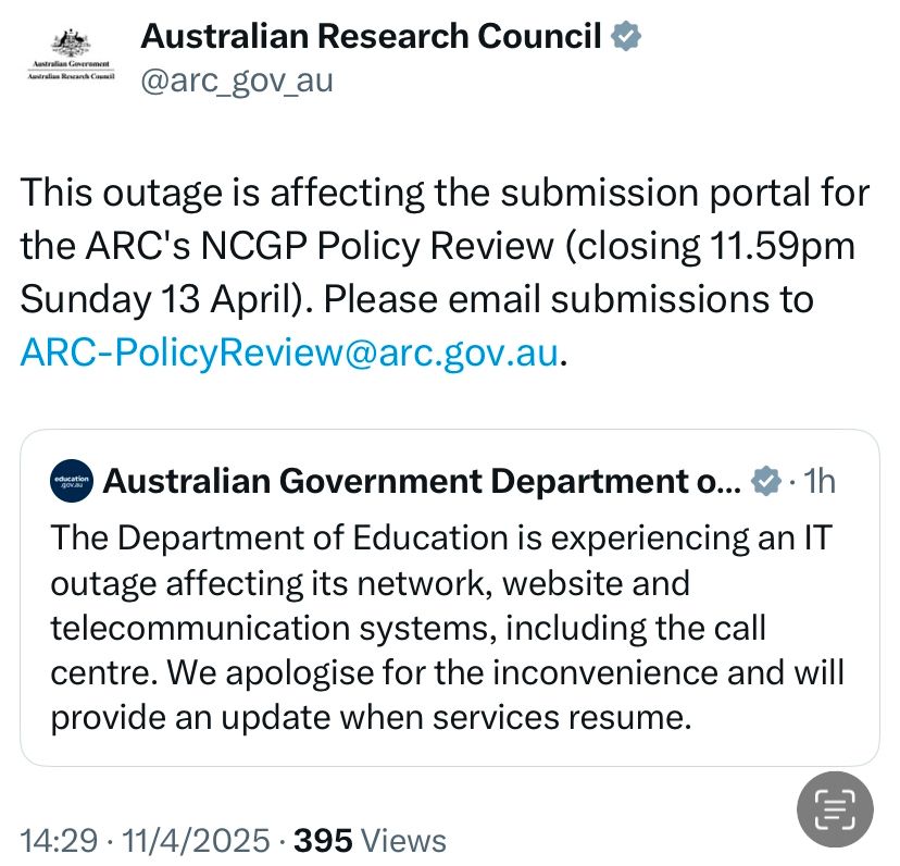 Screenshot of a tweet from the ARC providing an email address alternative to the Education Department’s portal for submissions to the review of the ARC grant process.