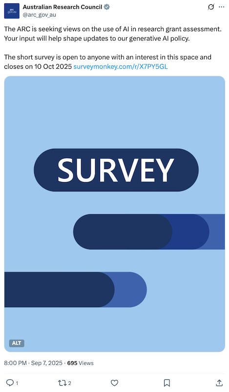 Screenshot of tweet from the ARC about a survey they want "stakeholders" to complete. Black text on white background above a rather outsized picture of dark blue smudges on a light-blue background. One smudge says "Survey" … you know, to catch your eye?