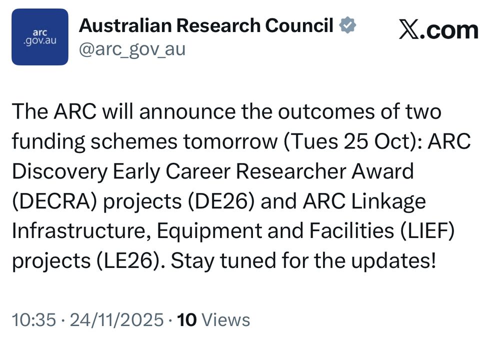 Screenshot of tweet from the ARC saying they’ll announce DECRA and LIEF outcomes on Tuesday 25th Nov.