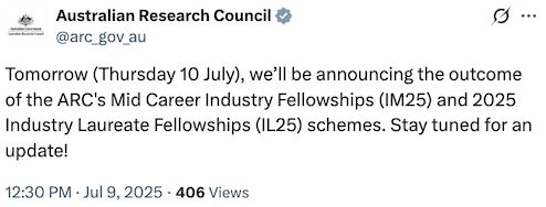 Black text on white background. Screenshot of tweet from the ARC saying the Mid-Career and Laureate Industry Fellowships will be announced on Thursday 10 July.