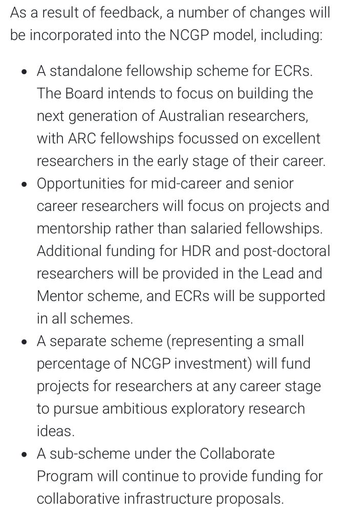 Black text on white background. Screenshot from ARC webpage updating us on changes, in response to community feedback, to their proposed modification to their grants system. This screenshot shows the main changes, listed on that webpage.